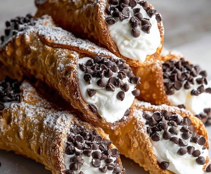 Delicious cannoli cookies topped with chocolate chips and icing.