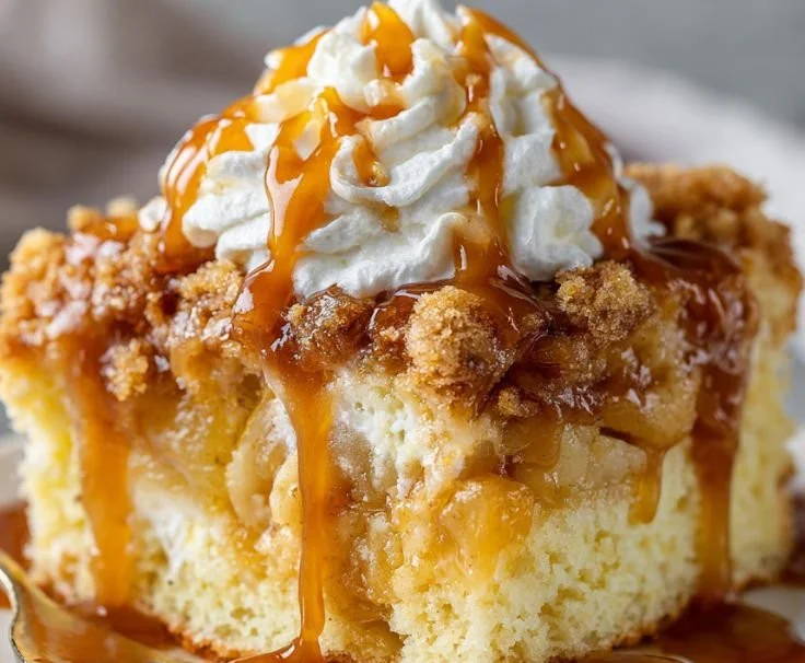 Delicious Caramel Apple Poke Cake topped with caramel sauce and apple slices