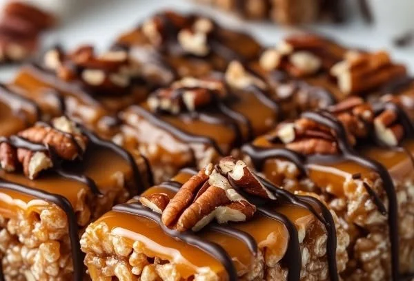 Delicious Caramel Turtle Rice Krispie Treats with caramel and chocolate drizzle