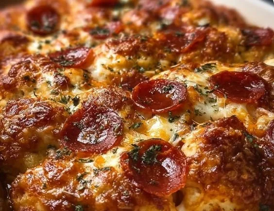 Cheesy Biscuit Pizza Casserole topped with cheese and pepperoni in a baking dish