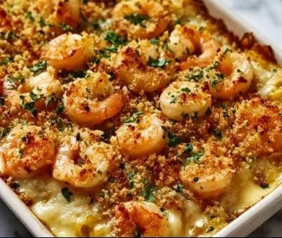 Delicious cheesy shrimp casserole topped with breadcrumbs and cheese