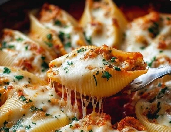 Cheesy stuffed shells filled with ricotta and topped with marinara sauce