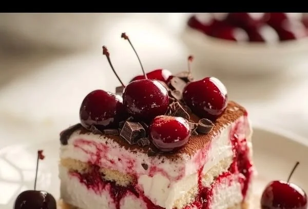 Delicious Cherry Amaretto Tiramisu served in a dessert dish