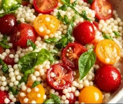Colorful Cherry Tomato and Couscous Salad with fresh herbs and veggies