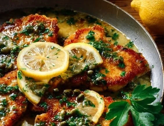 Plate of Chicken Piccata garnished with parsley and lemon slices