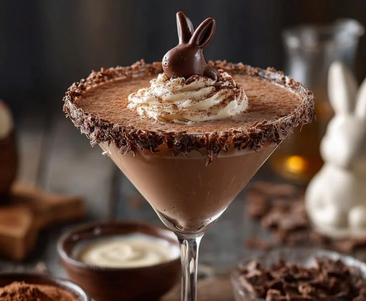 Chocolate Bunny Martini topped with chocolate shavings in a decorative glass