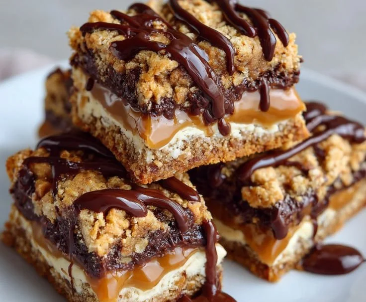 Decadent chocolate caramel oatmeal cookie bars on a plate.