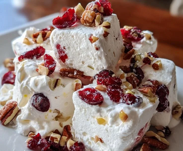 Delicious Christmas Fluff dessert topped with festive decorations and whipped cream.