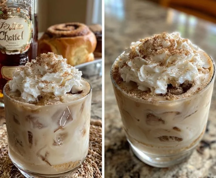 Cinnamon Roll Cocktail garnished with cinnamon stick and whipped cream