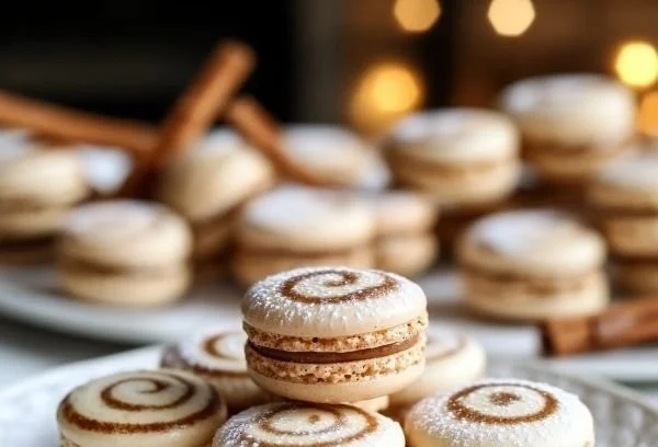 Cinnamon Roll Macarons with cinnamon glaze and creamy filling on a plate.