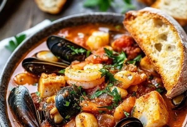 Delicious bowl of cioppino seafood stew with shrimp, crab, and mussels