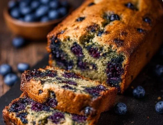 A slice of classic blueberry zucchini bread on a wooden table.
