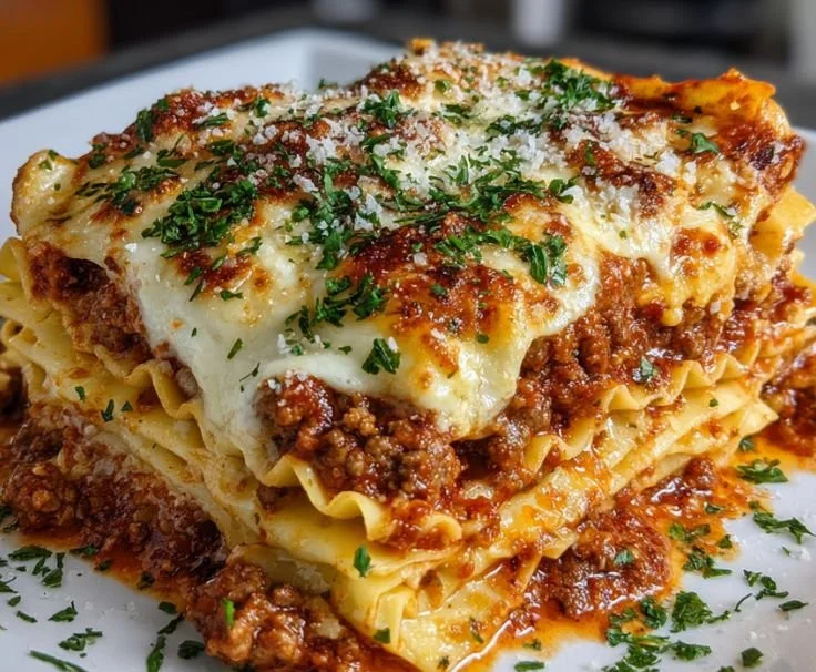 Classic lasagna with layers of cheese, meat, and sauce in a baking dish