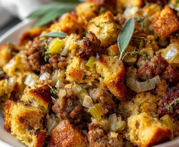 Classic stuffing with sausage and sage recipe served in a bowl
