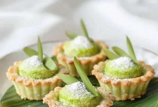 Coconut Tarts with Pandan Custard garnished with slices of pandan leaves