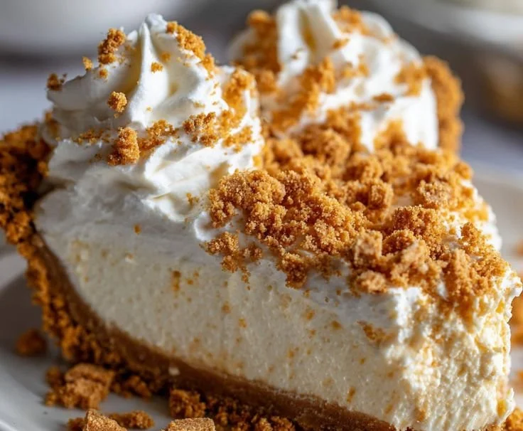 Delicious cookie butter pie topped with whipped cream and cookie crumbles