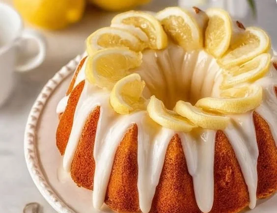 Slice of homemade copycat lemon cake with frosting and lemon slices