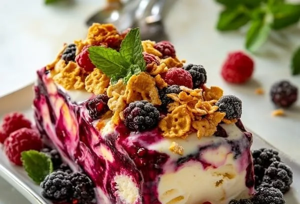 Cornflake-Topped Berry Swirl Ice Cream Loaf on a serving plate