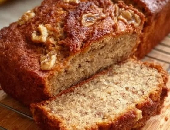 Delicious slice of Cottage Cheese Banana Bread on a wooden board
