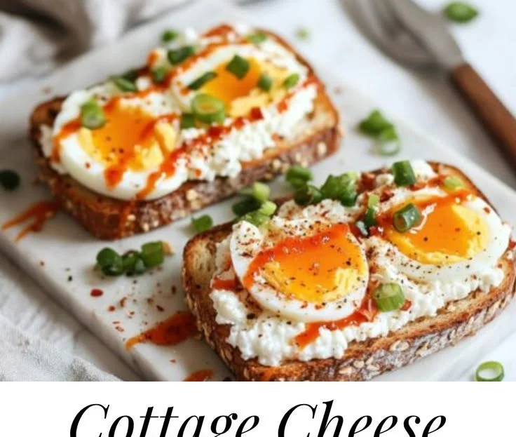 Cottage Cheese Toast with egg and Sriracha on a rustic wooden table