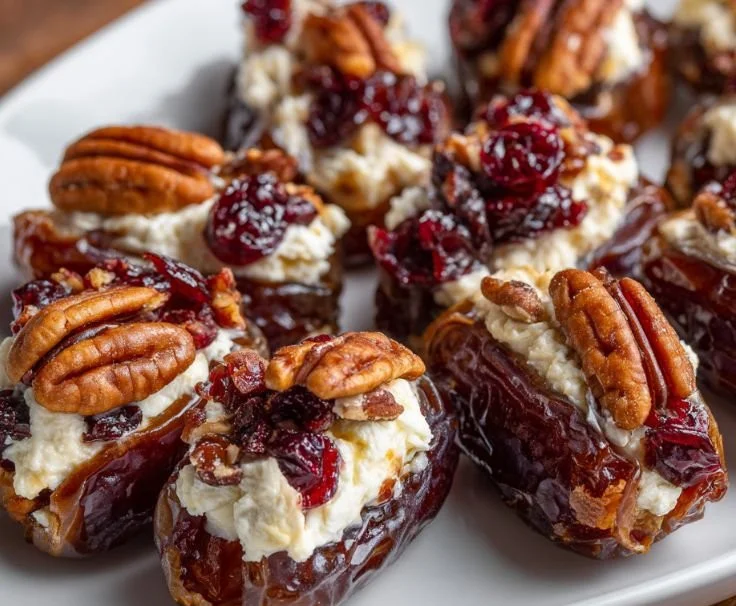 Cranberry pecan cream cheese stuffed dates on a serving platter