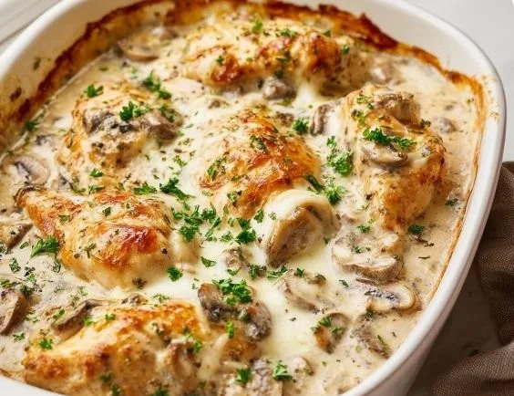 Cream of mushroom soup chicken bake dish garnished with herbs