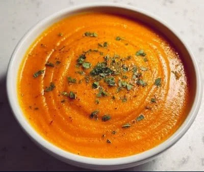 Bowl of creamy carrot lentil soup topped with fresh herbs