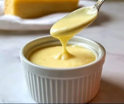 Creamy cheese sauce drizzled over pasta and nachos