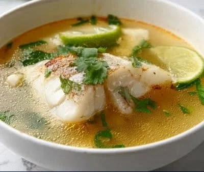 Creamy coconut lime fish soup garnished with fresh herbs and lime slices.
