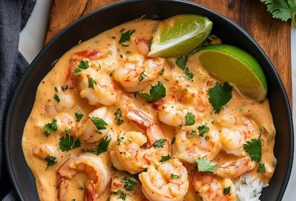 Delicious creamy coconut shrimp served on a plate with garnishes