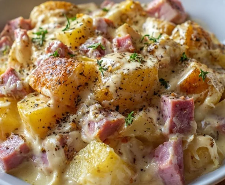 Creamy Crockpot ham and potatoes dish served in a bowl.