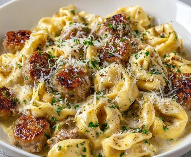 Creamy garlic parmesan sausage tortellini in a bowl garnished with herbs