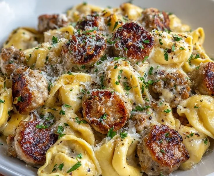 Creamy garlic parmesan sausage tortellini served with fresh herbs