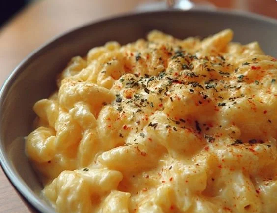 Creamy macaroni and cheese in a bowl topped with breadcrumbs