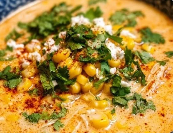 Bowl of creamy Mexican street corn chowder topped with cilantro and cheese
