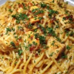 Creamy Monterey Chicken Spaghetti garnished and ready to serve