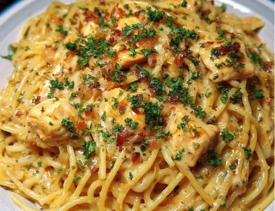 Creamy Monterey Chicken Spaghetti garnished and ready to serve