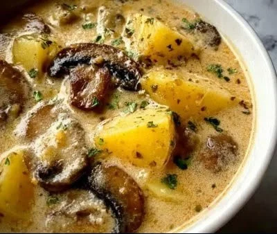 Creamy mushroom and potato soup served in a bowl with fresh herbs.