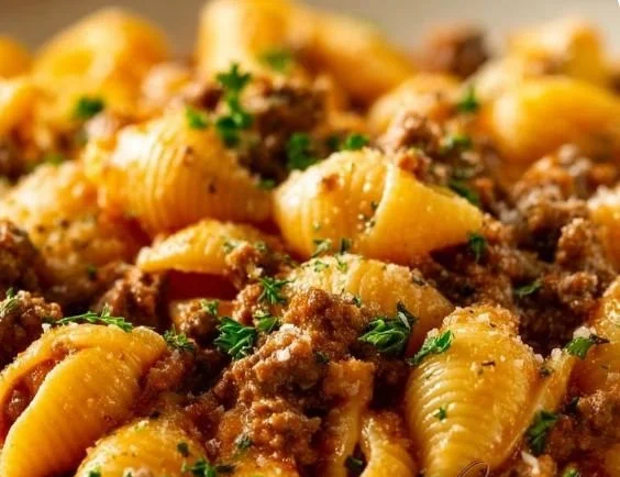 Creamy one-pot beef and shells dish garnished with herbs in a bowl.