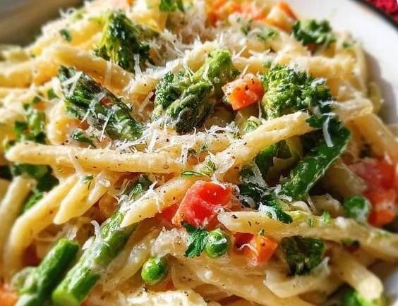 Creamy Pasta Primavera topped with Parmesan cheese served in a bowl