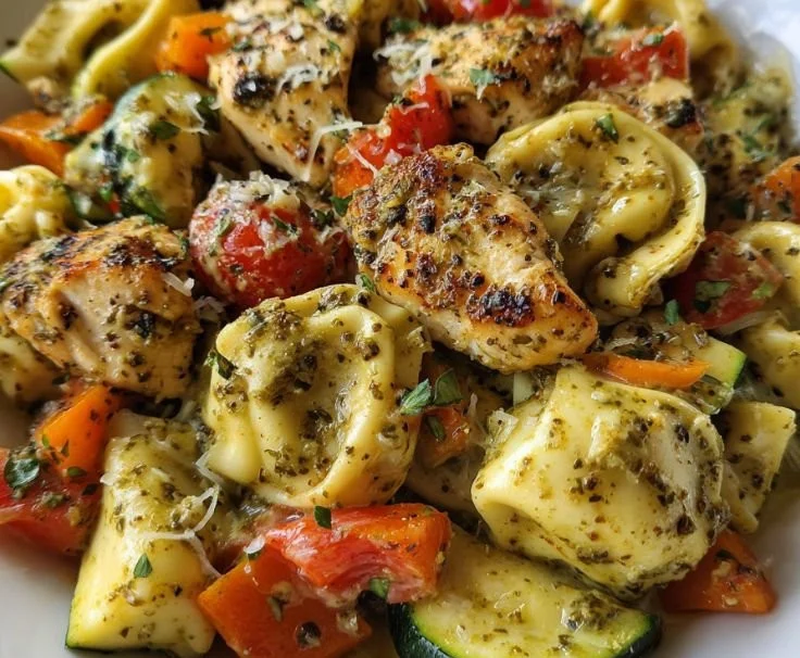 Creamy pesto chicken tortellini dish with colorful vegetables