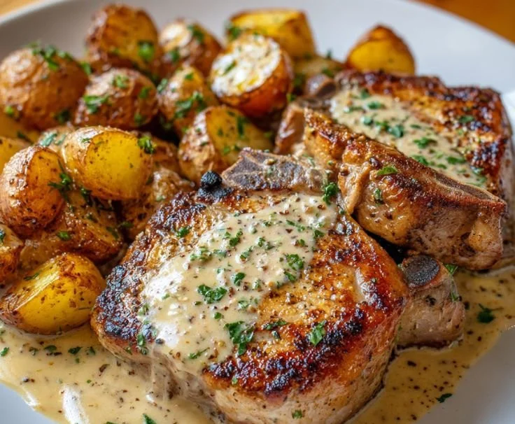 Creamy ranch pork chops served with potatoes, a delicious home-cooked dish.