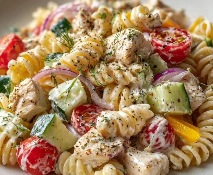 Creamy Ranch Protein Pasta Salad served in a bowl with fresh vegetables