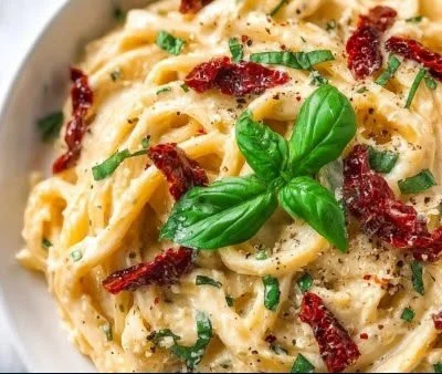 Creamy sun-dried tomato pasta dish garnished with herbs and cheese.