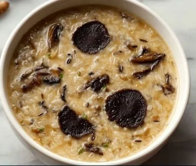 Creamy wild rice soup with morel mushrooms in a rustic bowl