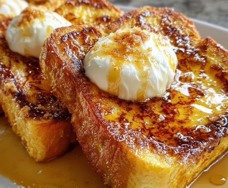 Delicious Crème Brûlée French Toast topped with caramelized sugar and fresh berries.