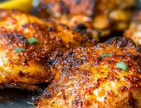 Crispy air fryer chicken thighs seasoned to perfection on a plate.