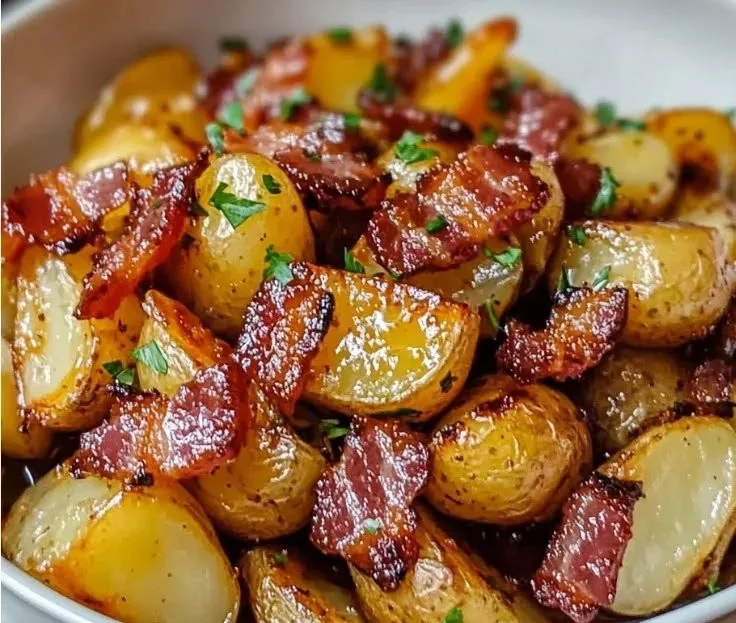 Crispy bacon roasted potatoes with a drizzle of honey on a plate