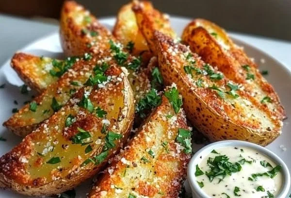 Crispy garlic parmesan potato wedges served on a plate