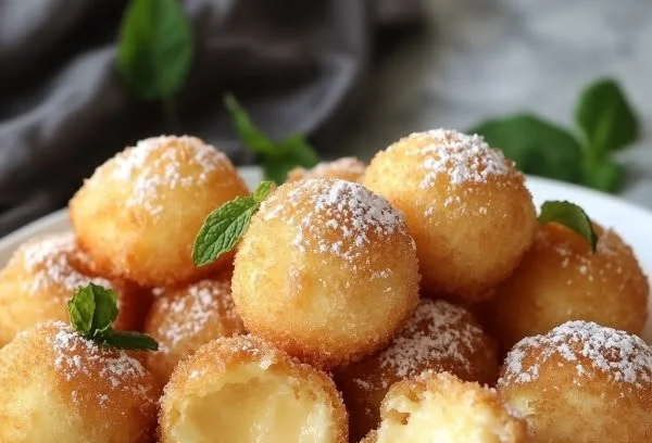 Crispy golden Italian Cream Bombs with smooth custard filling on a plate